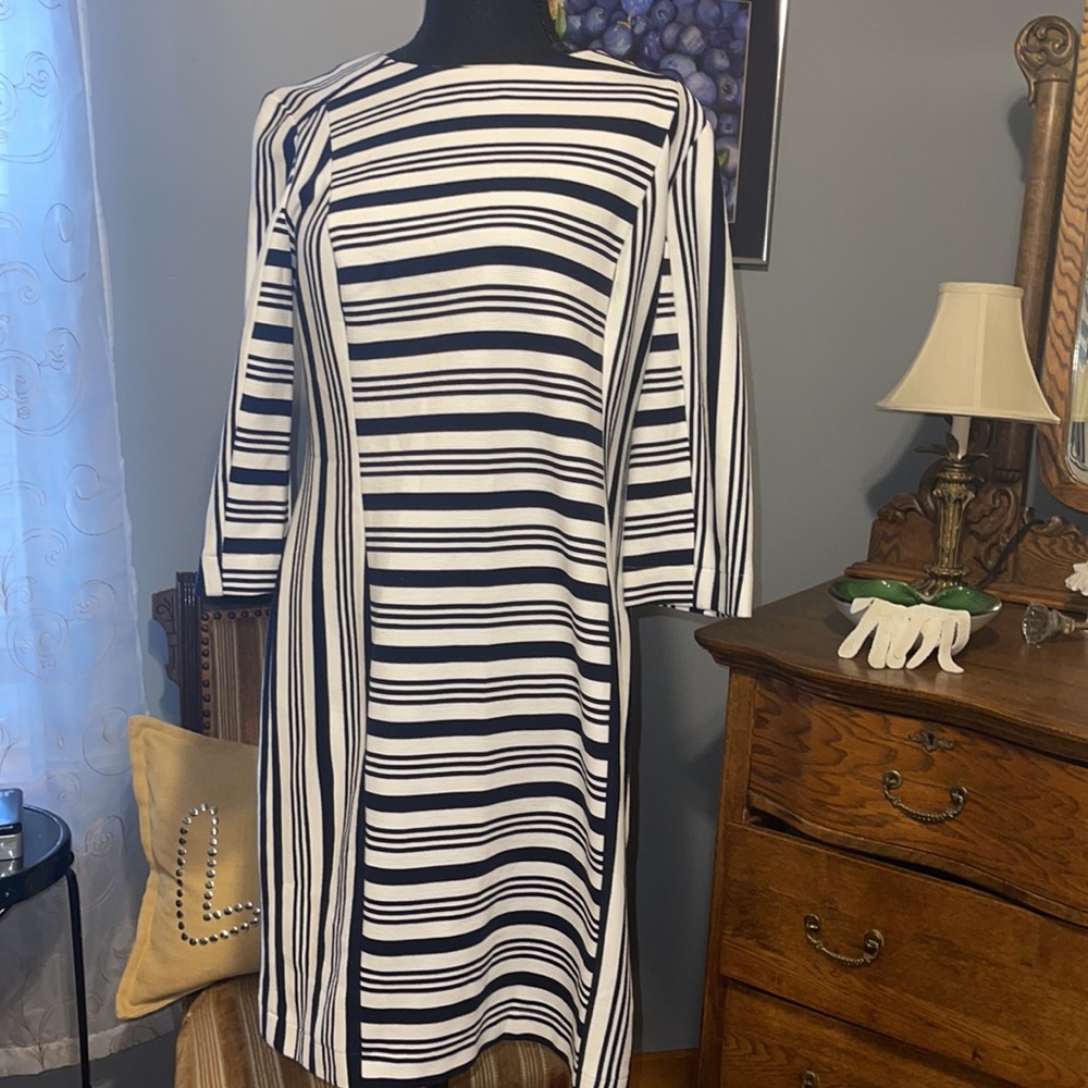 Navy and white stripe knit dress